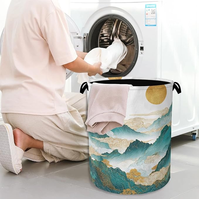 Abstract Mountains Laundry Basket,Golden Sun Foldable with Handles Tote Bag Oxford Cloth for Bathroom Bedroom Dirty Clothes Storage Bucket 16" x 20.8"