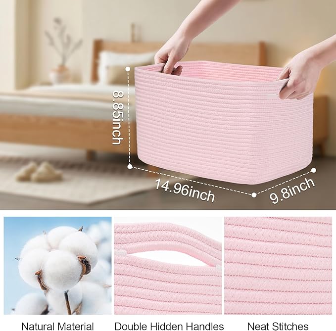 Woven Storage Baskets, Pink Baskets for Organizing, 3 Pack Woven Basket for Storage, Decorative Storage Bins Baskets for Shelves, Towel, Toy, Book, Closet, Baby 14.96"×9.8"×8.85"