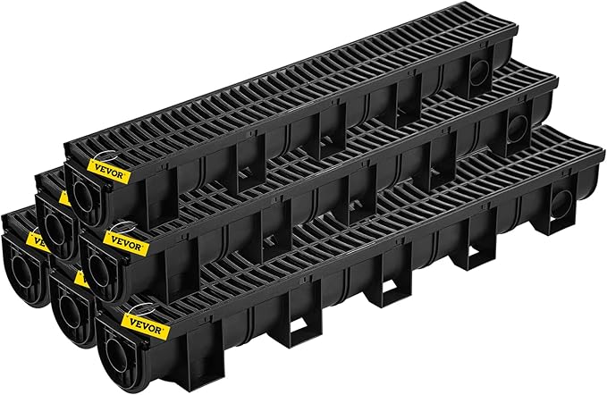 VEVOR Trench Drain System with Plastic Grate, 5.9x5.1-Inch HDPE Channel Drainage for Garden, Driveway - 6 Pack