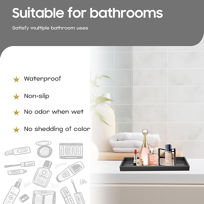 Vanity and Bathroom Tray, 9.8" ABS Countertop Organizer,Waterproof Vanity Tray for Toilet Tank,Perfume,Soap,Keys,Bathroom Accessories,Kitchen and Bath Trays,Non Slip Small Trays,Black,2 Pack