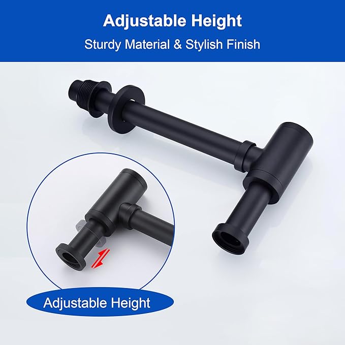 Round Bottle P-Trap 1 1/4 Adjustable Bathroom Basin Sink Waste Trap Drain Kit, Bathroom Bottle P Trap Waste Pipe, Matte Black