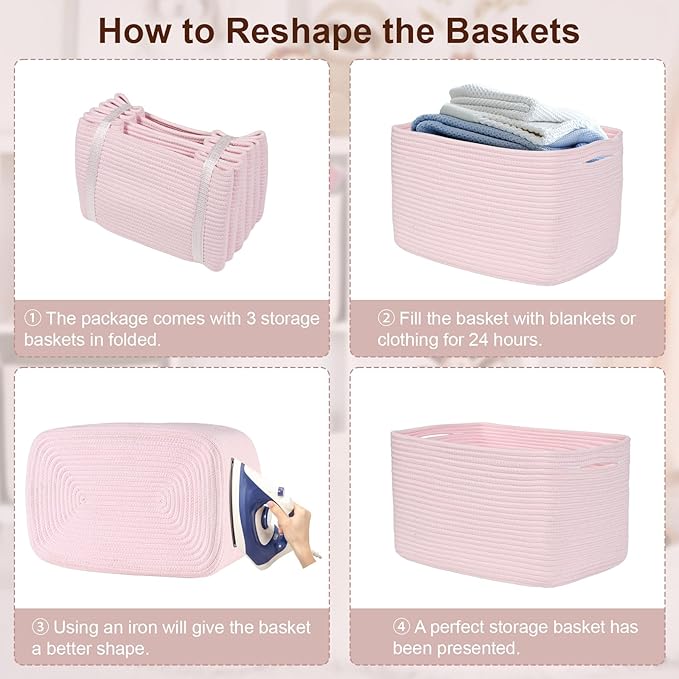 Woven Storage Baskets, Pink Baskets for Organizing, 3 Pack Woven Basket for Storage, Decorative Storage Bins Baskets for Shelves, Towel, Toy, Book, Closet, Baby 14.96"×9.8"×8.85"