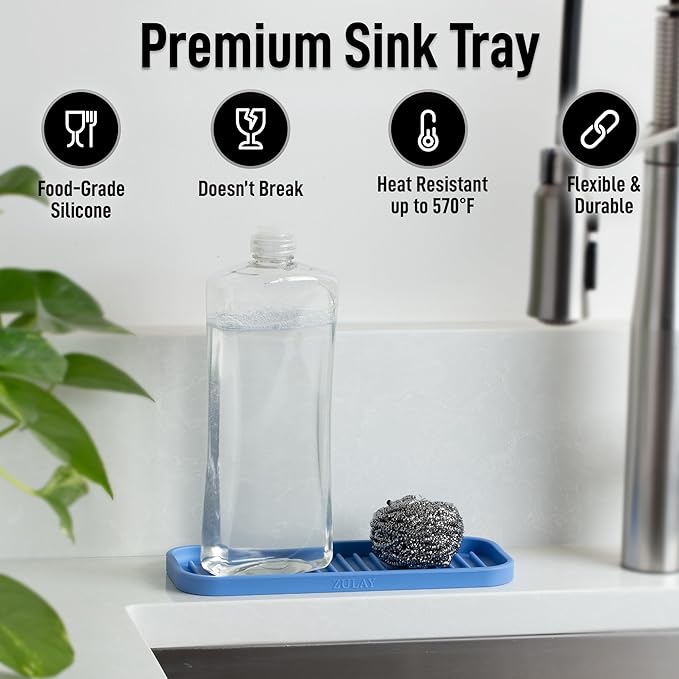 Zulay Kitchen (9x3.5) Silicone Sponge Holder for Kitchen Sink - Flexible Multipurpose Soap Tray Sponge Holder - Sink Organizer Tray for, Bathroom, Makeup, Trinkets & More (Provence Blue)