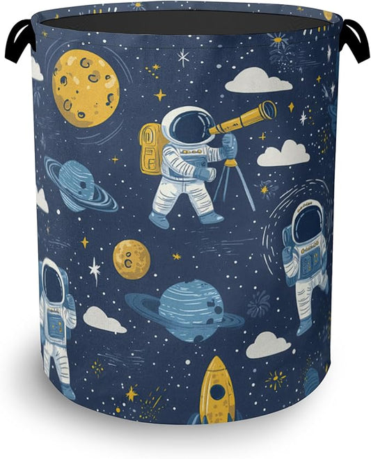 Astronaut Laundry Basket,Rocket Planet Foldable with Handles Tote Bag Oxford Cloth for Bathroom Bedroom Dirty Clothes Storage Bucket 16" x 20.8"