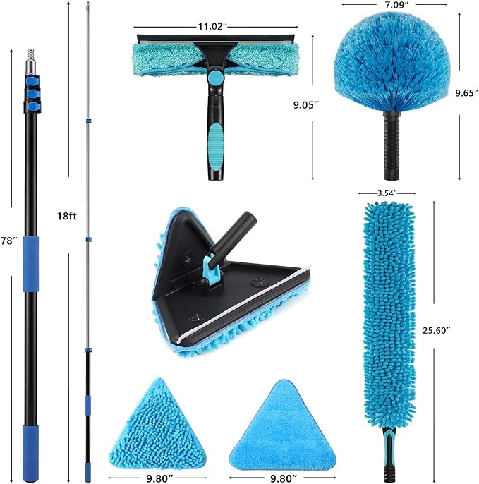 25 Feet High Ceilings Baseboard Wall Cleaner Mop with 18 Ft Extension Pole, Cobweb Duster, Window Cleaning Squeegee Kit (18ft)