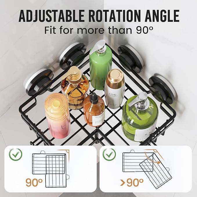 LEVERLOC 2 Pack Corner-adaptive Suction Cup Shower Caddies, Drill-Free Wall Mounted Basket, Stainless Steel Rustproof Corner Shower Shelf, Large Capacity Removable Suction Bathroom Organizer, Black