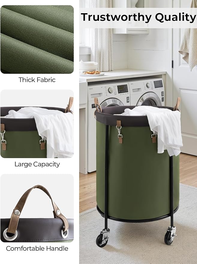 StorageWorks 170L Rolling Laundry Basket, Clothes Hamper with Wheels, Round Clothing Cart with Steel Frame and Removable Bag, 4 Casters and 2 Brakes, Green, 1-Pack