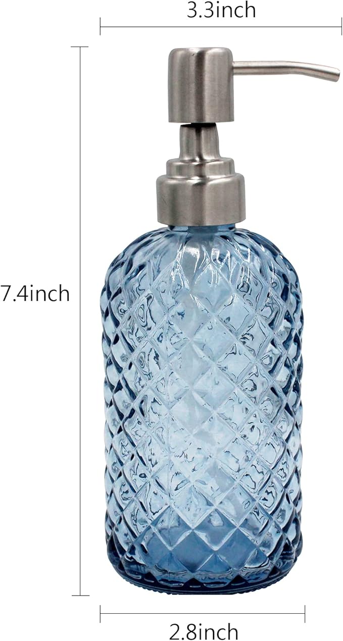 16 oz Diamond Pattern Glass Soap Dispenser, Kitchen and Bathroom Refillable Soap Dispenser with Rust Resistant Stainless Steel Pump for Hand Soap, Lotion Glass Liquid Dispenser (Blue)