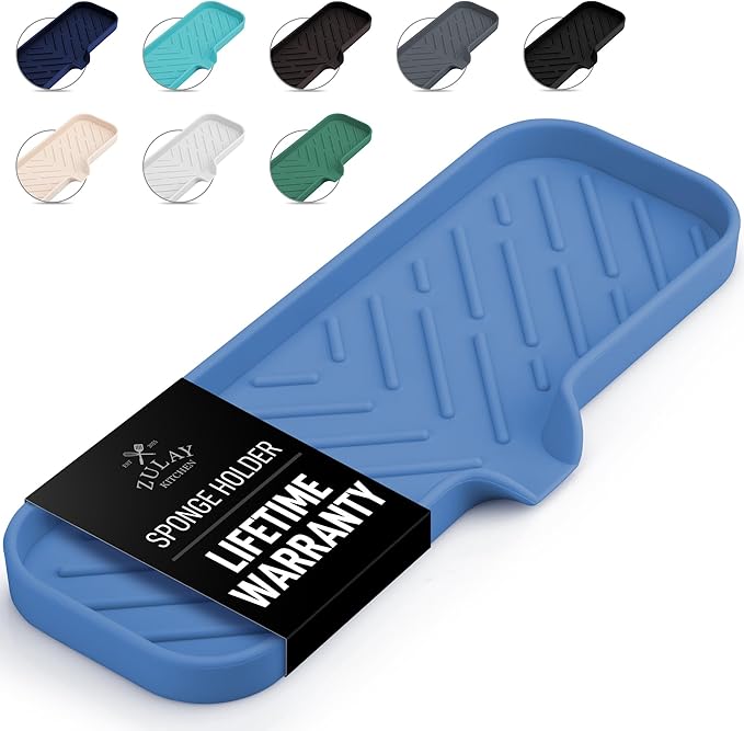 Zulay Kitchen Large Silicone Sponge Holder (12x4) – Flexible Sink Organizer Tray for Kitchen & Bathroom – Multipurpose Soap Dish for Sponges, Makeup, Trinkets & More (Provence Blue)