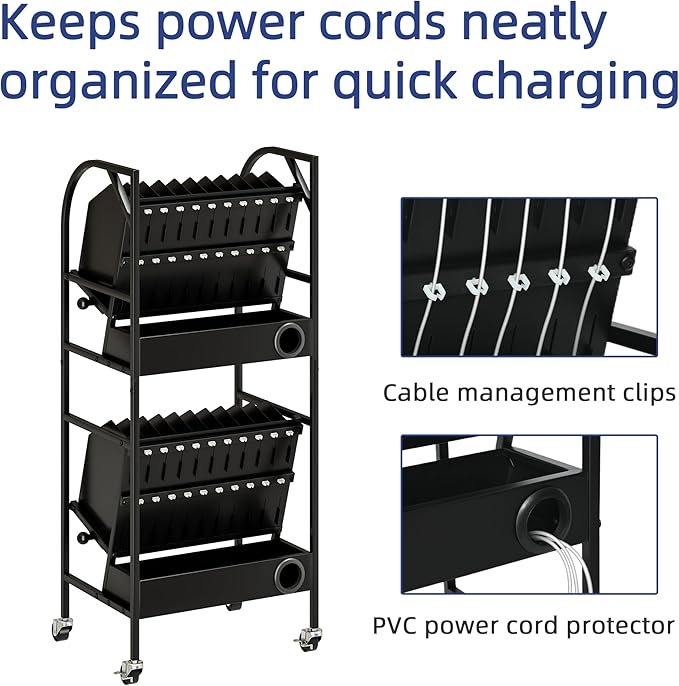 tonchean 20-Device Laptop Charging Cart with Wheels, 2 Tier Open Charging Cart, Office and Classroom Mobile Charging Station for Ipads, Tablets, Laptops Computer and Chromebook