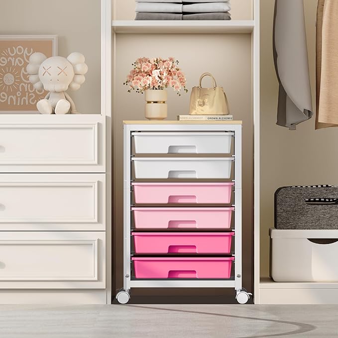 Utility Cart With 6 Drawers and Wooden Tabletop, Storage Cart on Wheels for Office, Classroom, Bathroom, Bedroom - Pink