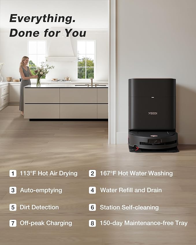 Yeedi M14 Plus Robot Vacuum and Mop, 18,000Pa Suction, OZMO Roller Instant Self-Washing Mopping, 167℉ Smart Dynamic Hot Wash & Auto-Dry, ZeroTangle 3.0 Anti-Hair Brush, All-in-One Omni Station, Black