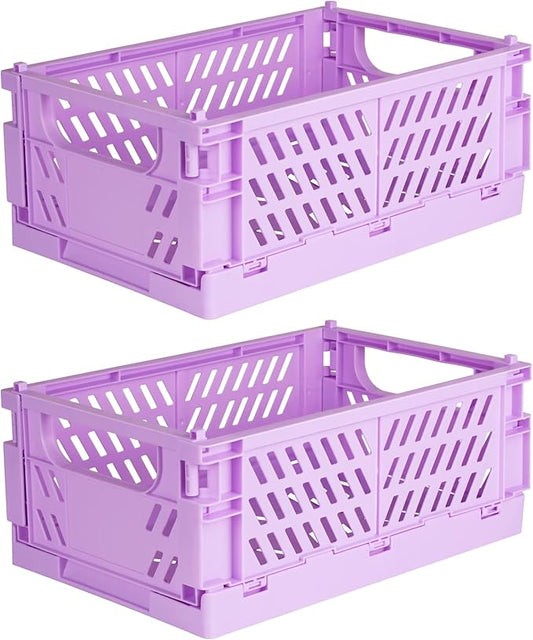 Tixill 2-Pack Mini Foldable Plastic Baskets for Organizing and Storage, Collapsible Storage Crate for Home Kitchen Bedroom Bathroom Office (9.8x6.5x3.8, Purple)