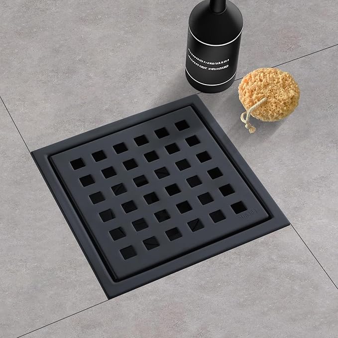 Square Shower Drain 4-Inch with ABS Flange, Matte Black, Removable Grille,Bathroom Stainless Steel Shower Floor Drain