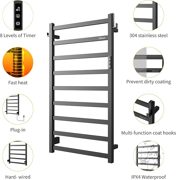 Z&Zhanle Heated Towel Racks for Bathroom, 9-Bar Towel Warmer Rack for Bathroom, Wall Mounted Towel Warmer, Electric Towel Drying Rack with Timer, Carbon Steel Matte Black, Plug-in/Hard-Wired