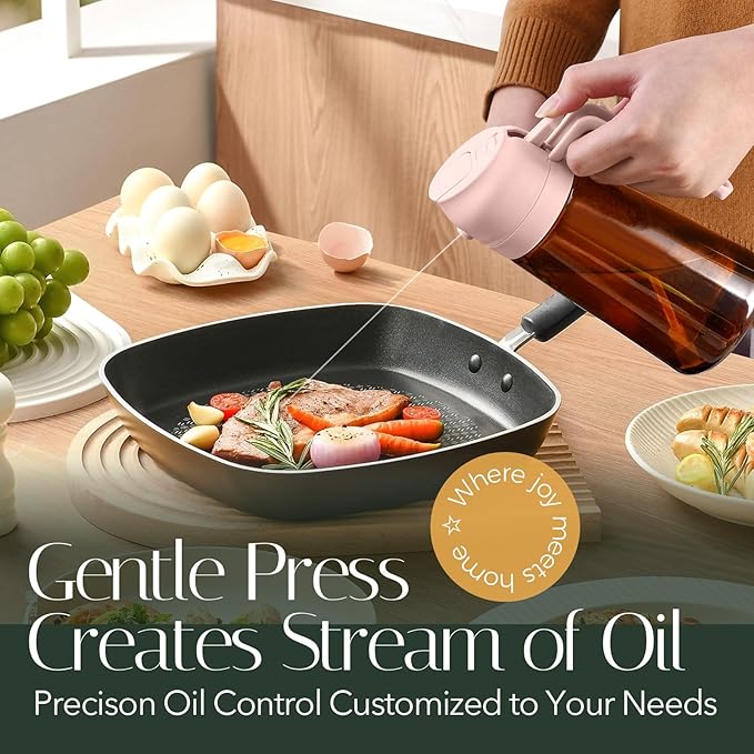 YARRAMATE 16oz/470ml Light Blocking Oil Sprayer for Cooking with Stickers, Food-Grade 2 in 1 Olive Oil Dispenser Bottle for Kitchen, Premium Dark Amber Glass Oil Bottle for Air Fryer, BBQ (PeachPink)