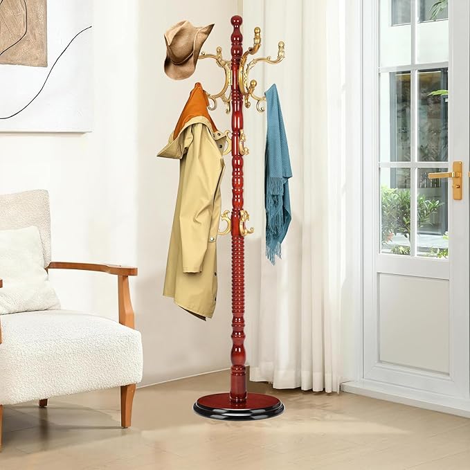Wood Coat Rack Freestanding, Natural Coats Tree Stand with 14 Hooks, 73" Sturdy and Easy Assembly Coat Rack Stand for Entryway, Hallway, Bedroom, Bags, Hats (Heavy-duty Disc Base, Golden)