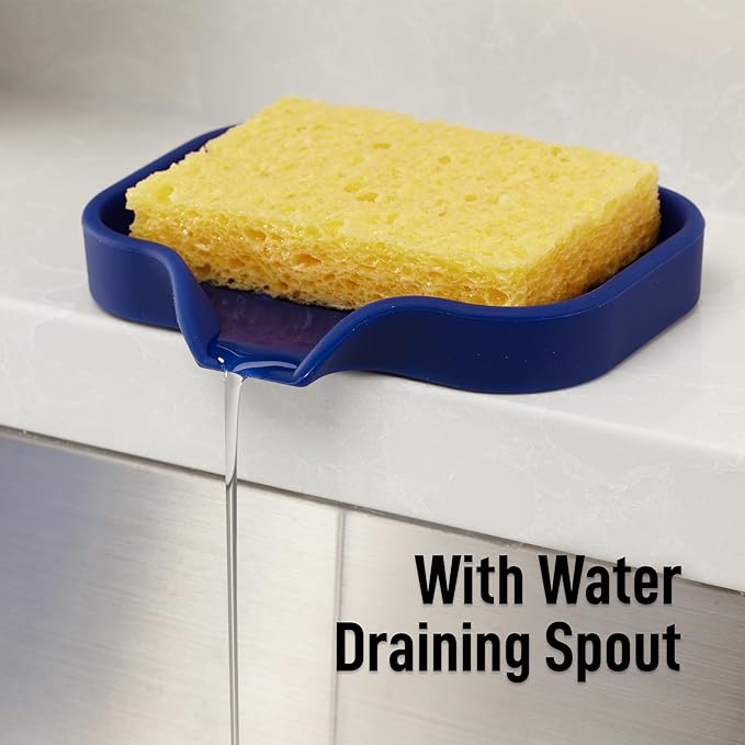 Zulay Kitchen Small Silicone Sponge Holder (4.9x3.3”) – Space-Saving Sink Organizer Tray for Sponge, Soap, Brush & More – Compact Non-Slip Dish for Kitchen & Bathroom (Dark Blue)