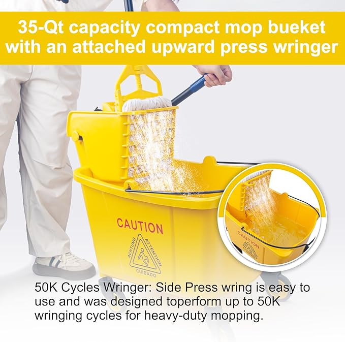KeFanta 35 Quart Commercial Mop Bucket with Side Press Wringer on Wheels,Yellow,Include Heavy Duty Industrial Mop for Floor Cleaning,Household,Business,Restaurants and Janitorial Use