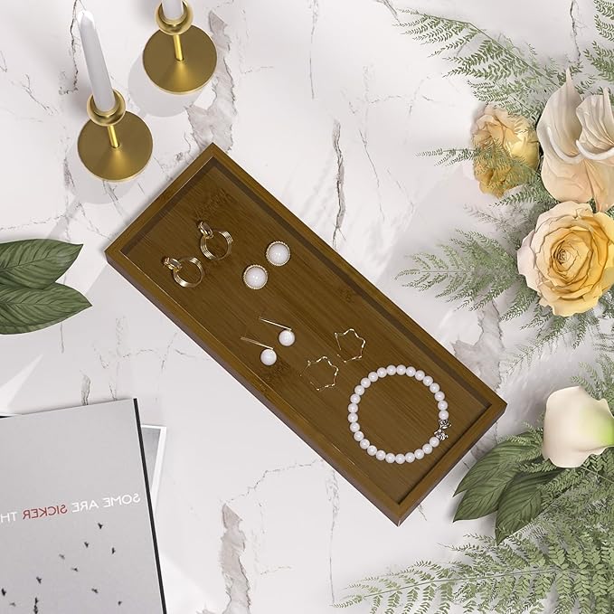 ZHWS Bathroom Vanity Tray for Toilet Tank, Perfume, Jewelry, Candle, Makeup, Decorative Tray, Kitchen Tray Counter Organizer for Soap Dispenser, Coffee Table Brown 11.3”L x 4.4”W x 1.14”H