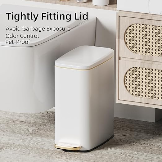 KUK Slim Bathroom Trash Can with Lid, 1.6 Gal / 6L Stainless Steel Small Garbage Bin with Detachable Inner Bucket, Step Pedal, Silent Close, Wastebasket for Toilet, Bedroom, Home, Office (White)