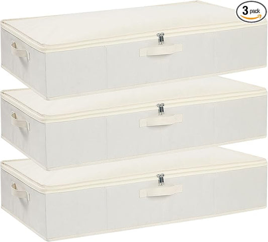 Underbed Storage Box, Clothes Organizer With Sturdy Structure and Reinforced Handles for Blanket, Sheets, Pillows, Towels, Shoes, Beige, 3 Pack, 31.5 x 15.7 x 5.9 Inch