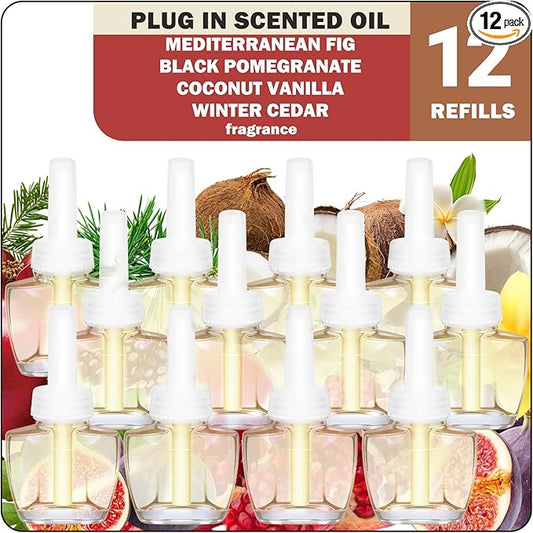 Plug In Refills Air Freshener – 12 Pack Oil Refills, Mediterranean Fig, Black Pomegranate, Coconut Vanilla, Winter Cedar – 7.92 Fl Oz, Compatible with Air Wick & Glade, Not Include Glade Plus