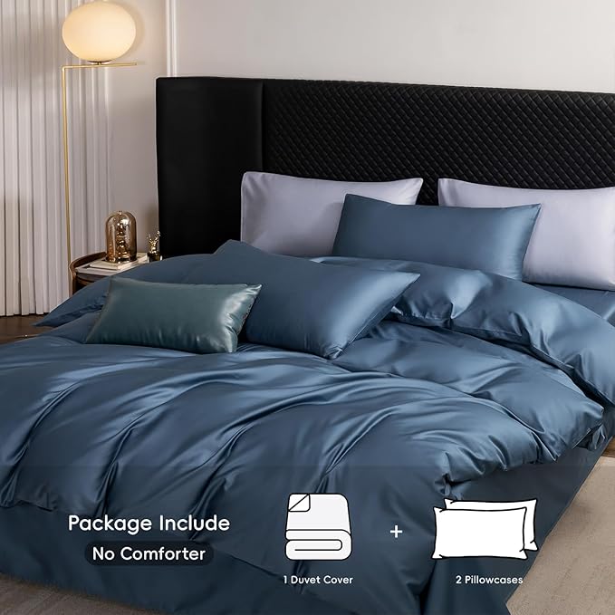 MooMee Queen Duvet Cover Set, 100% Extra Long Staple Cotton 600 Thread Count Sateen Silky Soft Breathable Durable Luxury Hotel Quality Bedding Set, 3 Pieces (Dark Blue, 90"x90")