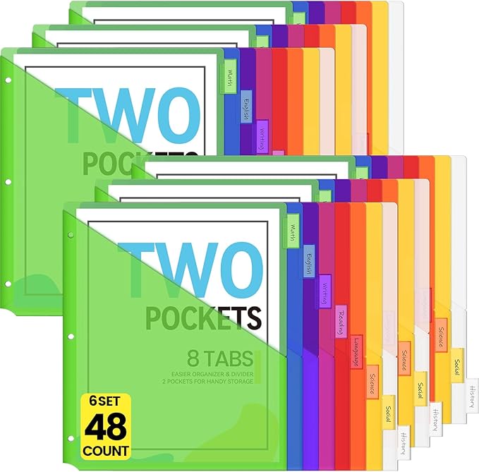 Sooez 48 Count Dividers with Pockets, 8 Tabs Binder Dividers for 3 Ring Binders, Binder Dividers with tabs, Binder Divider with Pockets for US Letter Size, Insertable Big Tabs, Multicolor, 6 Sets