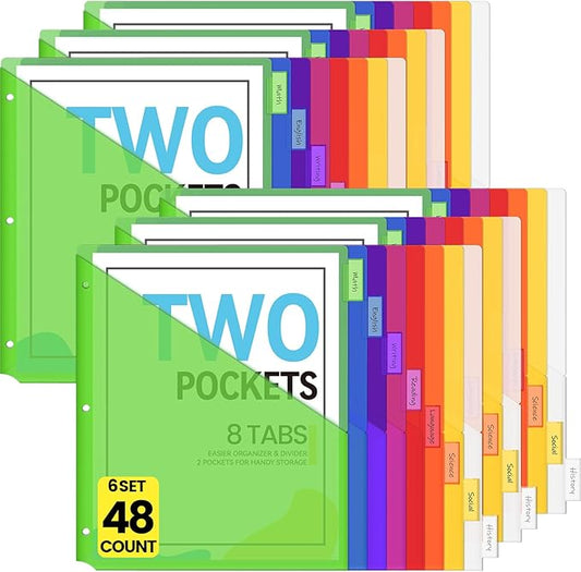 Sooez 48 Count Dividers with Pockets, 8 Tabs Binder Dividers for 3 Ring Binders, Binder Dividers with tabs, Binder Divider with Pockets for US Letter Size, Insertable Big Tabs, Multicolor, 6 Sets