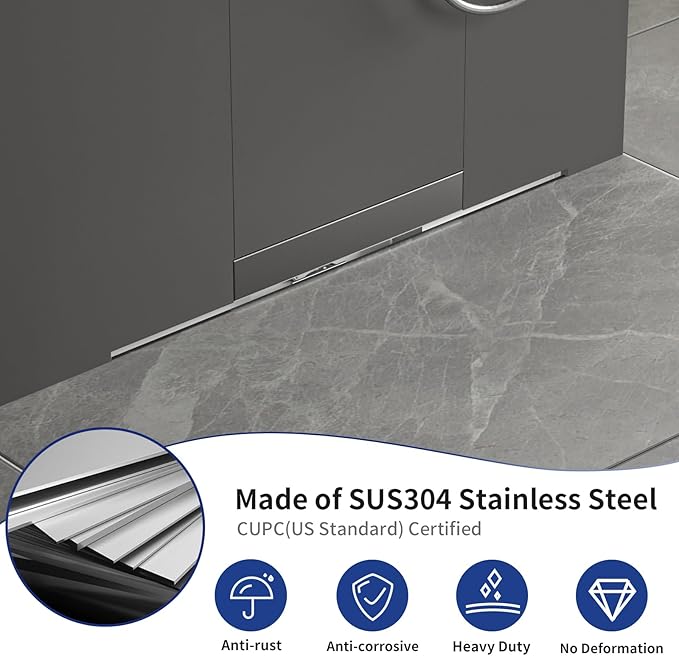 Linear Wall Drain 24’’, 304 Stainless Steel Side Drain w/Tiled Grate & Hair Strainer, Brushed Tiled Shower Drain for Bathroom, CUPC Certified