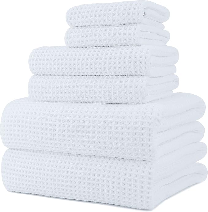 POLYTE Oversize, 60 x 30 in., Quick Dry Lint Free Microfiber Bath Towel Set, 6 Piece (Waffle Weave)