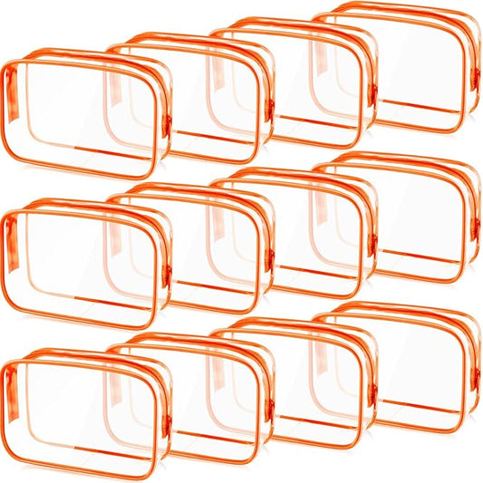 Weewooday 12 Pieces Clear Makeup Bags Cosmetic Storage Bags PVC Zipper Pouches Travel Waterproof Makeup Plastic Case for Women Organizing Toiletries Traveling Bathroom(Large,Orange)