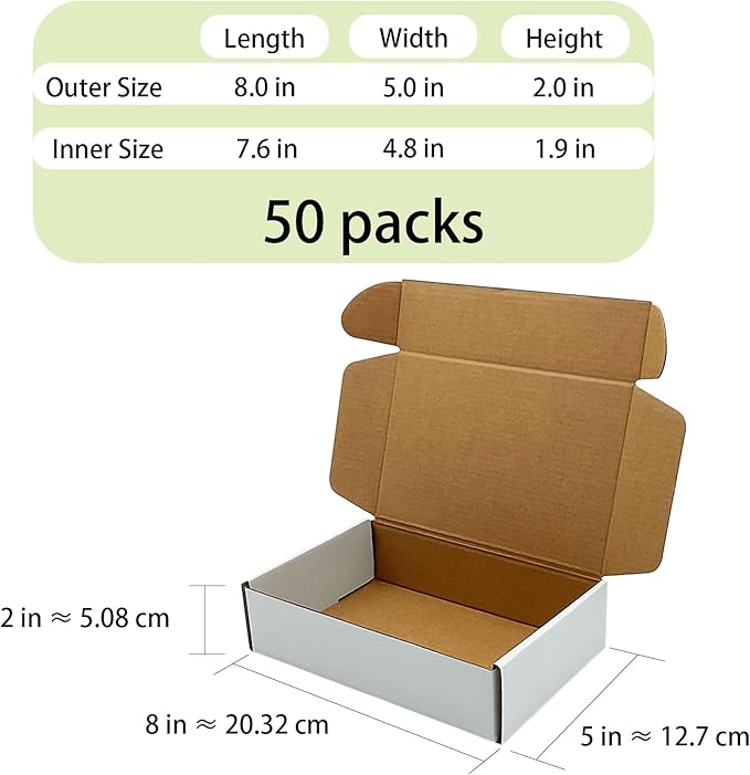 White Shipping Boxes 8x5x2 inch 50 Pack,Corrugated Boxes Mailer Packaging for Mailing Small Business，E-Commerce Gift Boxes for Wrapping Present Moving Storage Heavy Duty Recycled Cardboard Boxes
