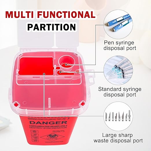 CHANGTIKEJI 1 Quart (3-Pack) Red Sharps Containers, Biohazard Needle Disposal for Home Use, Portable Travel Sharps Storage, Professional Waste Sharps Disposal Bucket