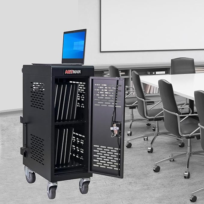 16 Devices Laptop Charging Cart,Tablet Storage Carts for pad Up to 16.3" Screen Size, Classroom Computer Mobile Charging Station for Pads, Chromebooks,Laptops, Security Storage(16 Bay-Black)