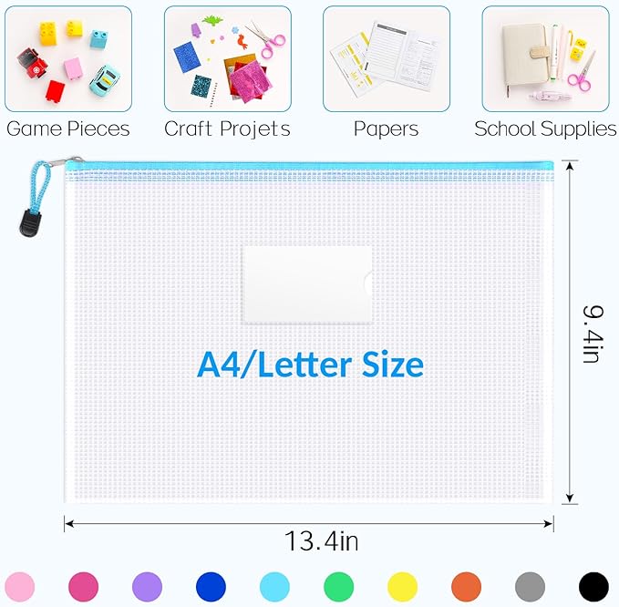 Sooez 32 Pack Mesh Zipper Pouch Bags, A4 Letter Size, Zipper Bags with Label Pocket, Waterproof Pouches for Classroom Organization, Board Game Storage, Document Bag for Teacher School Office Supplies