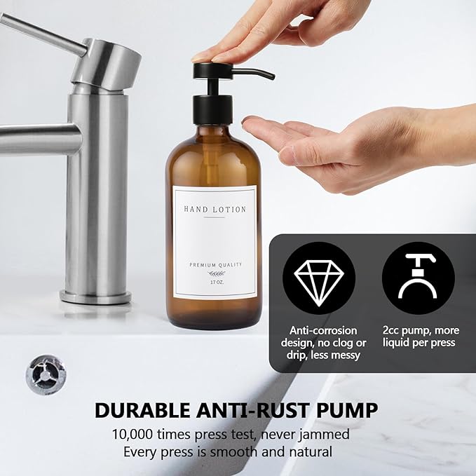 Amber Glass Soap Dispenser - Dish Hand Soap Dispenser for Kitchen, Bathroom Soap Lotion Dispenser with Pump, Refillable Liquid Soap Pump Dispenser Set with Tray, Amber Bottle/Black Pump-pd