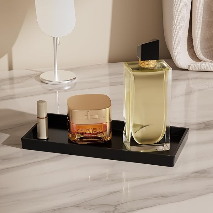 Vanity and Bathroom Tray, 9.8" ABS Countertop Organizer,Waterproof Vanity Tray for Toilet Tank,Perfume,Soap,Keys,Bathroom Accessories,Kitchen and Bath Trays,Non Slip Small Trays,Black,2 Pack