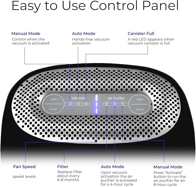 EyeVac Air 2-in-1 HEPA Air Purifier & Touchless Vacuum Automatic Dustpan - Ultra Fast & Powerful - Covers 600 Sq ft - Corded Canister Vacuum, Bagless, Automatic Sensors, 1000 Watt (Black/Silver)