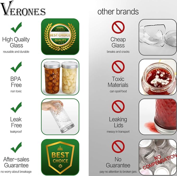 VERONES Wide Mouth Mason Jars 22 oz, 22 OZ Mason Jars Canning Jars Jelly Jars With Wide Mouth Lids, Ideal for Jam, Honey, Wedding Favors, Shower Favors, 6 PACK,EXTRA 6 Lids with Straw Hole