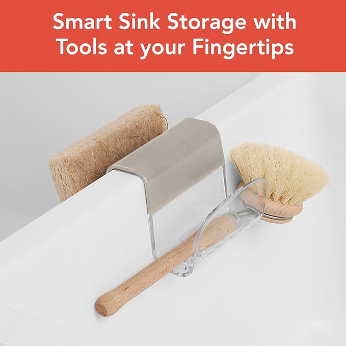 Spectrum Sink Saddle for Kitchen Sink Warm Gray Clear Sponge and Brush Holder Organizer, Dish Brush and Sponges Plastic Saddle Caddy for Double Sink Storage with Drain Holes for Quick Drying
