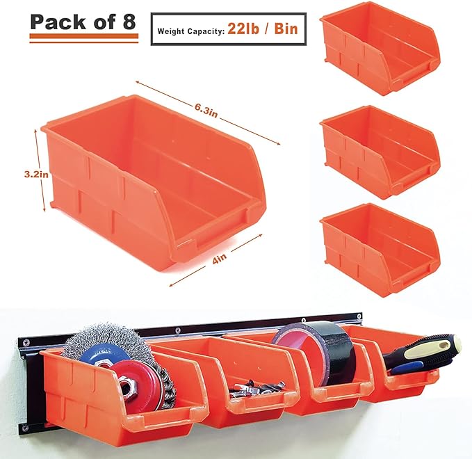 Wallmaster 8-Bin Storage Bins Garage Rack System 2-Tier Orange Tool Organizers Cube Baskets Wall Mount Organizations (Orange)