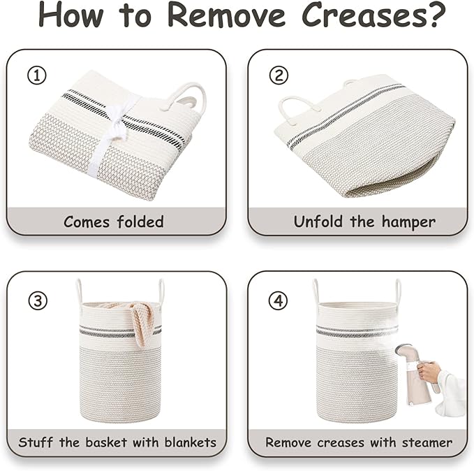 VIPOSCO Large Laundry Hamper, Tall Woven Rope Storage Basket for Blanket, Toys, Dirty Clothes in Living Room, Bathroom, Bedroom - 53L Stripe White