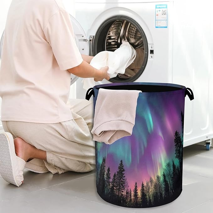 Aurora Forest Laundry Basket,Foldable with Handles Tote Bag Oxford Cloth for Bathroom Bedroom Dirty Clothes Storage Bucket 16" x 20.8"