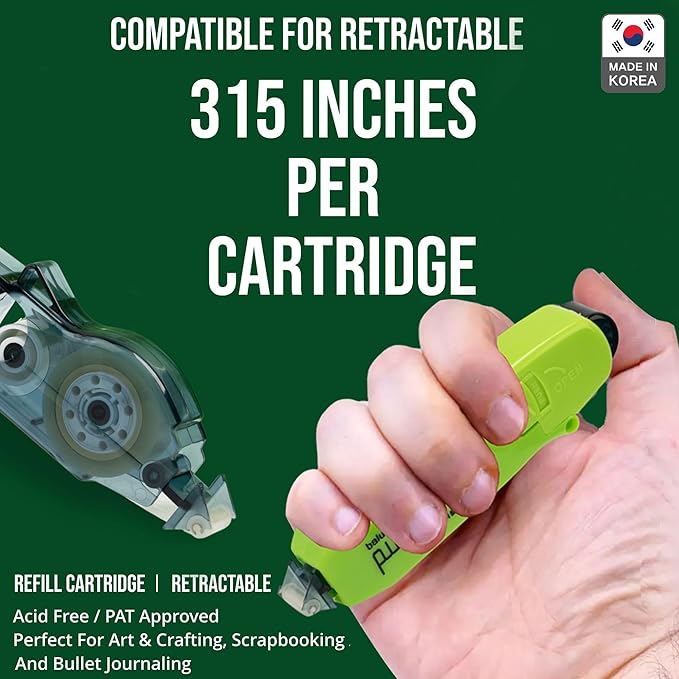 Double Sided Tape with Retractable Dispenser Roller - Permanent, Acid Free, Transparent - 2 Runners & 8 Refill Cartridges - Ideal Scrapbook Supplies & Scrapbooking Supplies Kit - 315 Inches Each