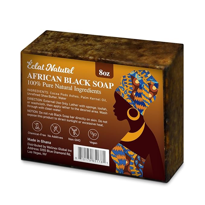 African Black Soap, 100% Pure & Natural, For Face & Body Fight Acne, Eczema & Oily Skin, With Raw Shea Butter, Palm Kernel Oil & Cocoa Pod Ash, 8 Oz