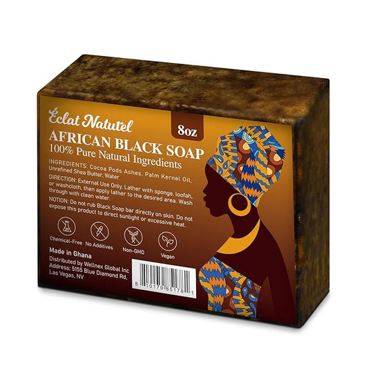 African Black Soap, 100% Pure & Natural, For Face & Body Fight Acne, Eczema & Oily Skin, With Raw Shea Butter, Palm Kernel Oil & Cocoa Pod Ash, 8 Oz