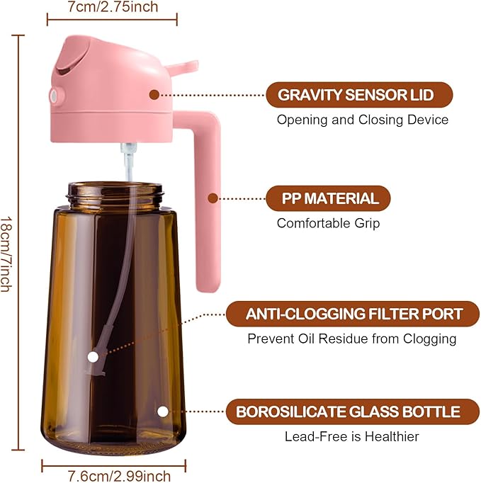 YARRAMATE 16oz/470ml Dark Brown Oil Sprayer for Cooking with Stickers, Food-grade Premium 2 in 1 Olive Oil Dispenser Bottle for Kitchen Gadgets, Air Fryer, Salad, Frying, BBQ (Pink)