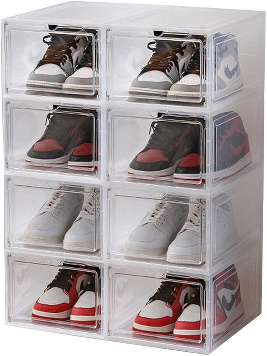 XXL Drop Front Shoe Storage Box Stackable, 8 Pack Shoe Boxes Clear Plastic Stackable Fit US 15,XXL Sneaker Storage Shoe Containers with Magnetic Door(8 PACK CLEAR)